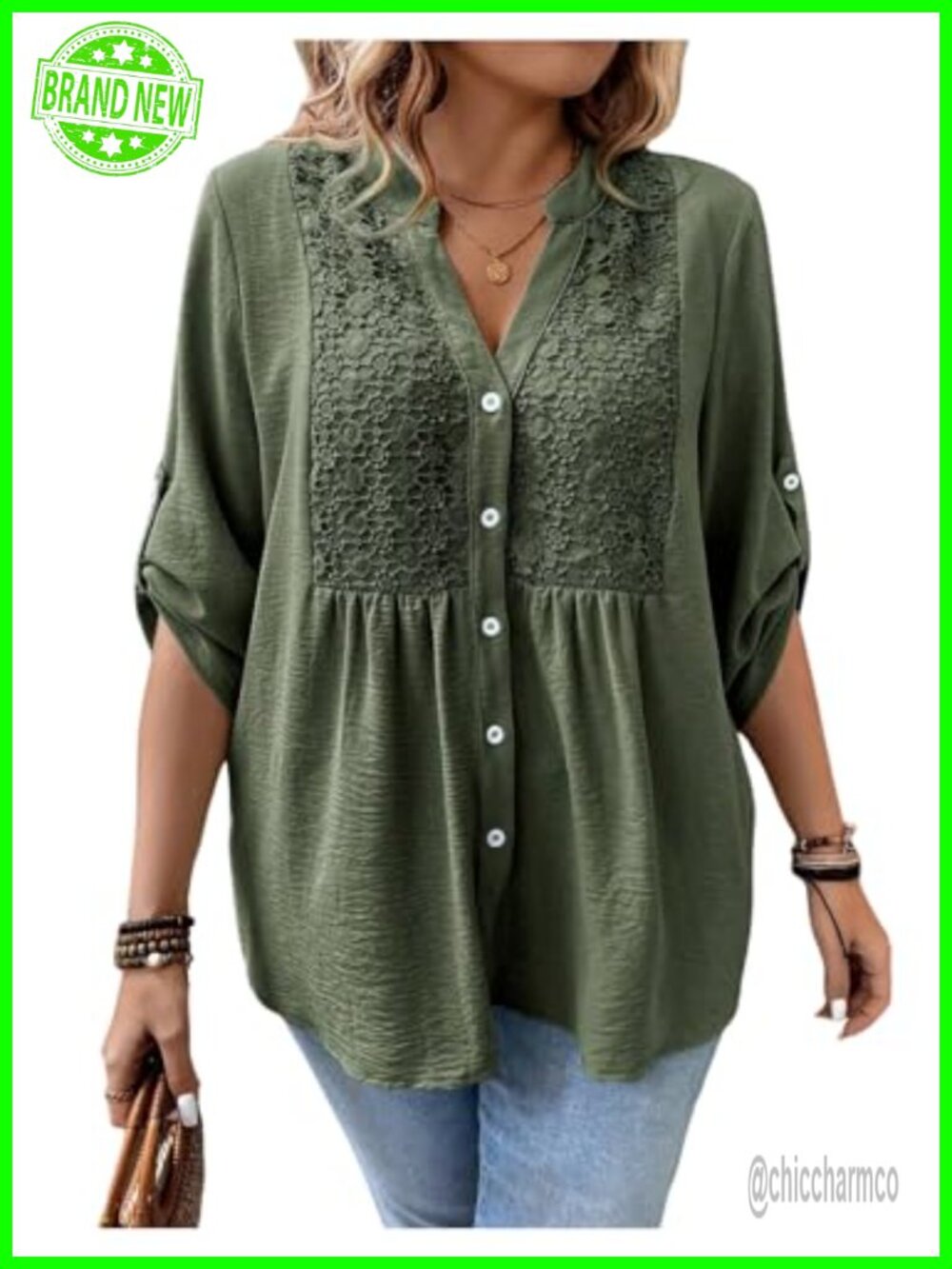 Plus Size Boho Button Down Blouse Floral Embroidered Peplum Top